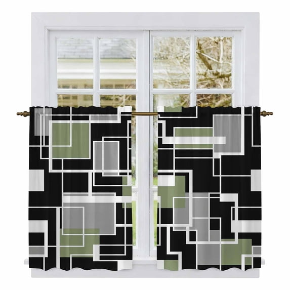 Sage Green Black Geometric Tier Curtains 54 Inch Length, Modern Abstract Art Block Cafe Short Curtains for Bathroom Over Sink, Small Kitchen Curtain Light Filtering Tiered Drapes 2 Panels 27.5"Wx54"L
