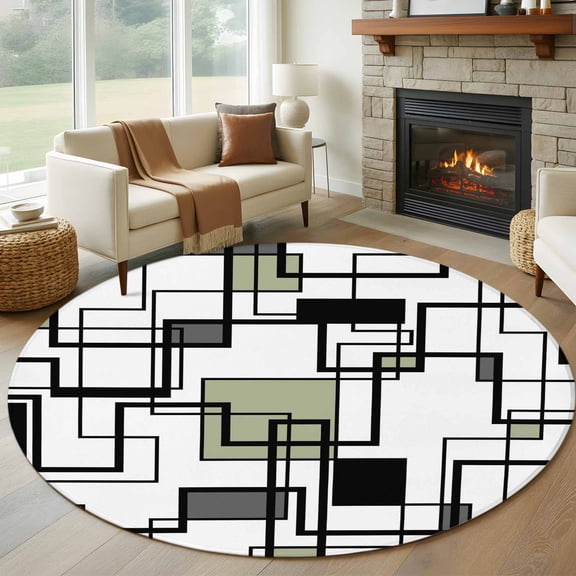 Sage Green Black Gray 7ft Round Rug for Living Room Conversation Area, Abstract Geometric Stripes Squares Washable Non Slip Large Circle Area Rug