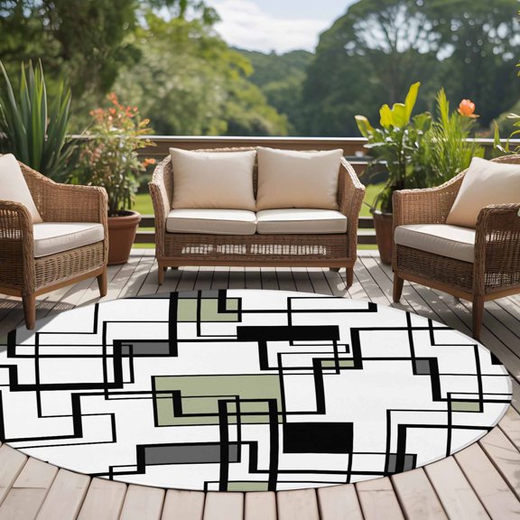 Sage Green Black Gray 8ft Round Rug for Open Concept Living Room Seating Zone, Abstract Geometric Stripes Squares Washable Non Slip Large Circle Area Rug