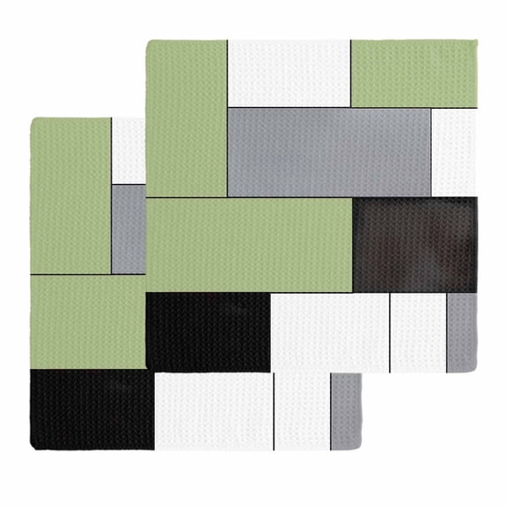 Sage Green Black Grey Dish Towels Set,Waffle Weave Kitchen Towels 2 Pieces,Modern Irregular Geometric Abstract Microfiber Hair Face Bath Tea Towel Absorbent Quick Drying Cleaning Dish Cloths,12"x12"