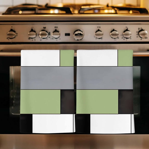 Sage Green Black Grey Kitchen Towels Set of 2, Modern Irregular Geometric Abstract Absorbent Dish Towels for Kitchen, Microfiber Hand Towel, Quick Drying Tea Towel for Cleaning Decorative Dishcloths