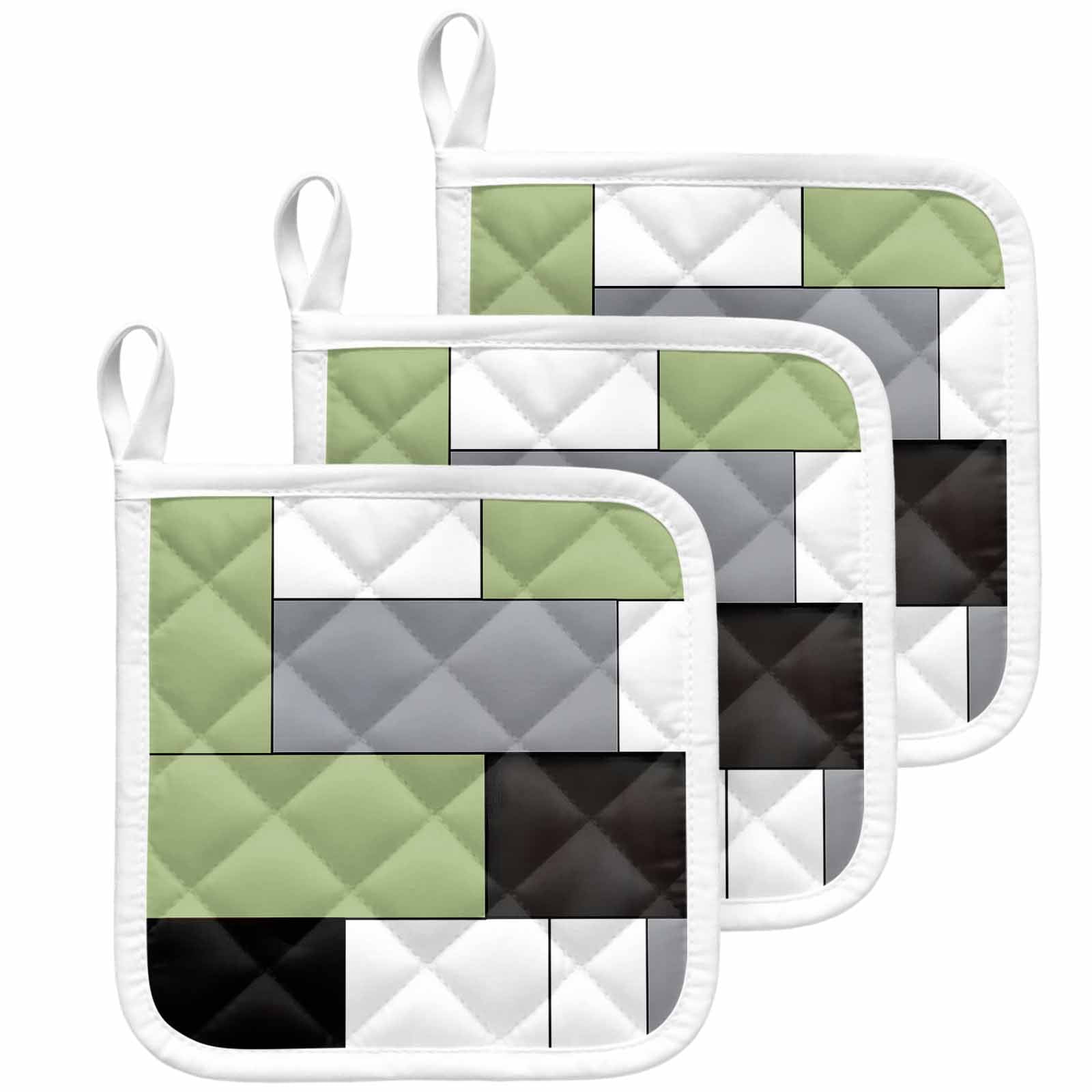 Sage Green Black Grey Pot Holders for Kitchen Heatproof Potholder, 3 Pack Modern Irregular Geometric Abstract Hot Pads Multipurpose Oven Pads Cloth Potholders Trivet for Cooking Baking
