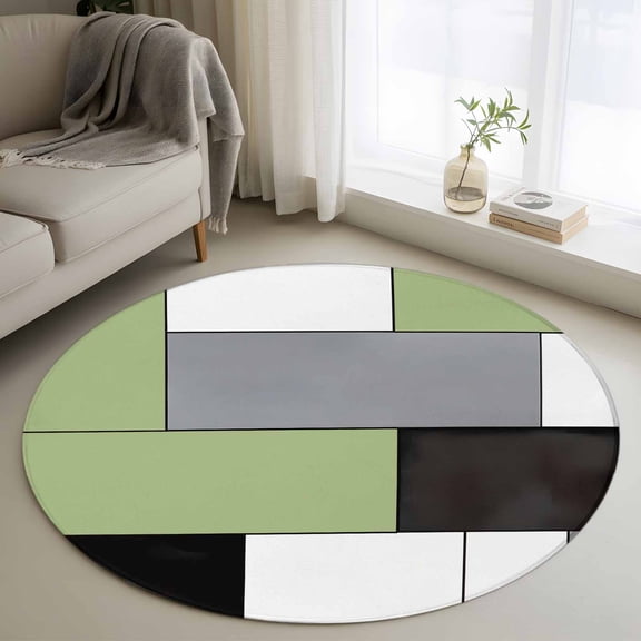 Sage Green Black Grey Round Area Rug 3 FT,Small Kitchen Bathroom Mats,Modern Irregular Geometric Abstract Washable Indoor Outdoor Throw Runner Rugs Doormat for Table Shower Sofa Entryway