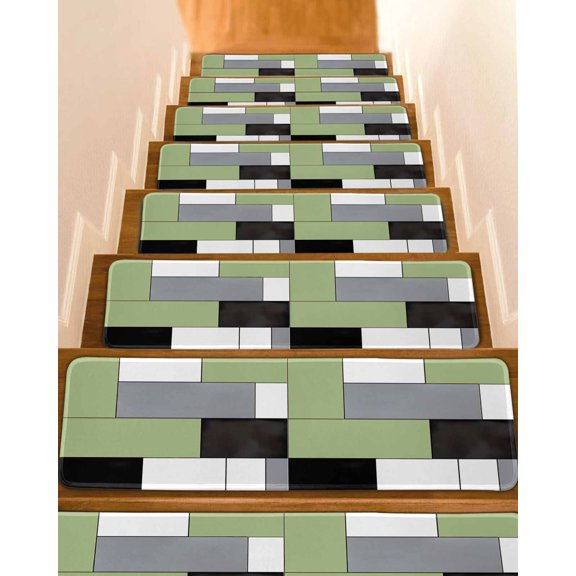 Sage Green Black Grey Stair Treads for Wooden Steps Indoor Runner Rug Carpet, Modern Irregular Geometric Abstract 4 Pieces Peel and Stick Staircase Step Treads Covers Washable Throw Door Mats, 30"x8"