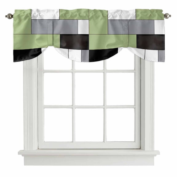 Sage Green Black Grey Tie Up Valance Curtains for Windows, Kitchen Curtains Window Shades, Modern Irregular Geometric Abstract Light Filtering Roman Curtain Valances for Bedroom/Bathroom/Cafe 42"x12"