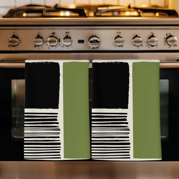 Sage Green Black Kitchen Towels Set of 1, Farmhouse Striped Modern Abstract Art Absorbent Dish Towels for Kitchen, Microfiber Hand Towel, Quick Drying Tea Towel for Cleaning Decorative Dishcloths