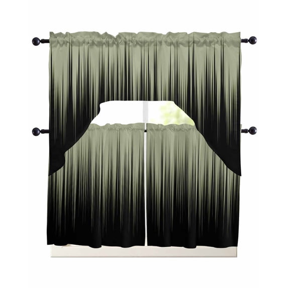 Sage Green Black Ombre Swag Kitchen Curtains Sets for Windows 24 Inch Length, Modern Abstract Striped Gradient Short Window Curtain Panels Swags Valances and Tiers 3 Piece Set for Cafe/Dining Room