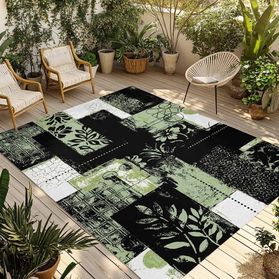 Sage Green Black Outdoor Rug for Patio/Deck/Porch, Non-Slip Large Area Rug 4 x 6 Ft, Modern Abstract Art Botanical Indoor Outdoor Rugs Washable Area Rugs, Reversible Camping Rug Carpet Runner