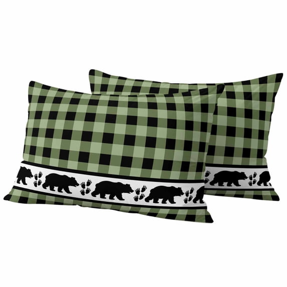 Sage Green Black Outdoor Waterproof Pillow Covers, Farmhouse Vintage Bear Buffalo Plaid Decorative Rectangle Throw Pillowcase Sofa Cushion Sham for Patio/Couch/Chair, 20"x12" 2 Pack