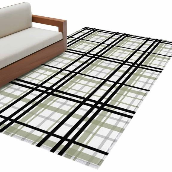 Sage Green Black Plaid Area Rug 3x5 FT, Non Slip Entryway Bedside Carpet, Farmhouse Green Black Checkered Washable Soft Floor Carpet Indoor Mat Non-Shedding Throw Rug for Dorm Kitchen Home Office