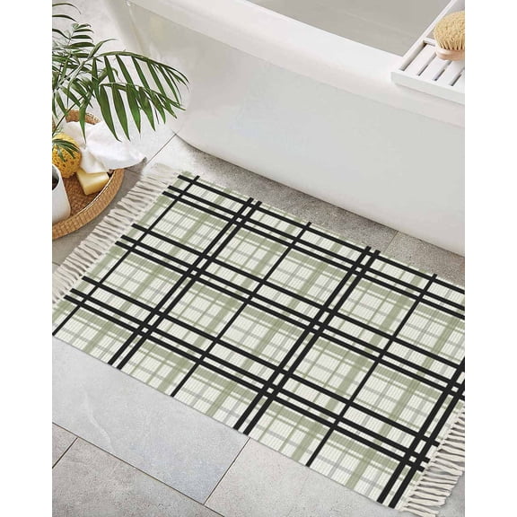 Sage Green Black Plaid Bath Rug 2x3ft Woven Bathroom Entryway Runner Rug,Farmhouse Green Black Checkered Washable Living Room Hallway Bedroom Kitchen Carpet with Tassels,Indoor Outdoor Throw Doormat