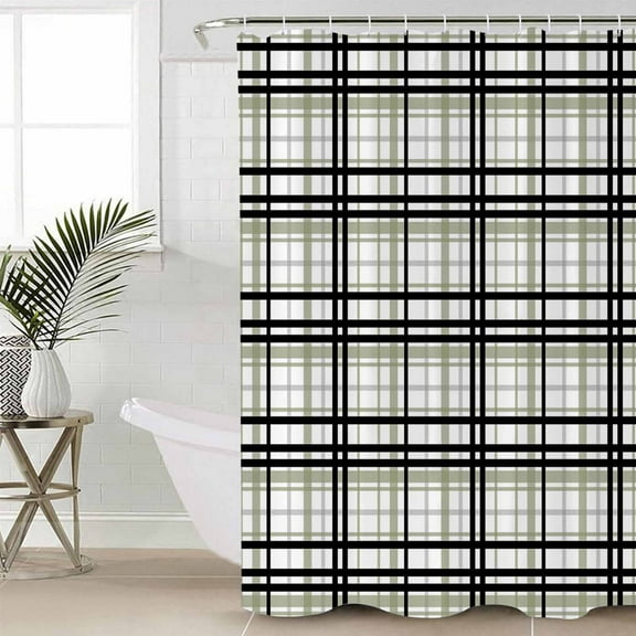 Sage Green Black Plaid Bathroom Curtain 72 Inch Shower Stall Curtain with Hooks, Farmhouse Green Black Checkered Waterproof Polyester Bath Curtain Washable Bathtub Curtain 36''x 72''