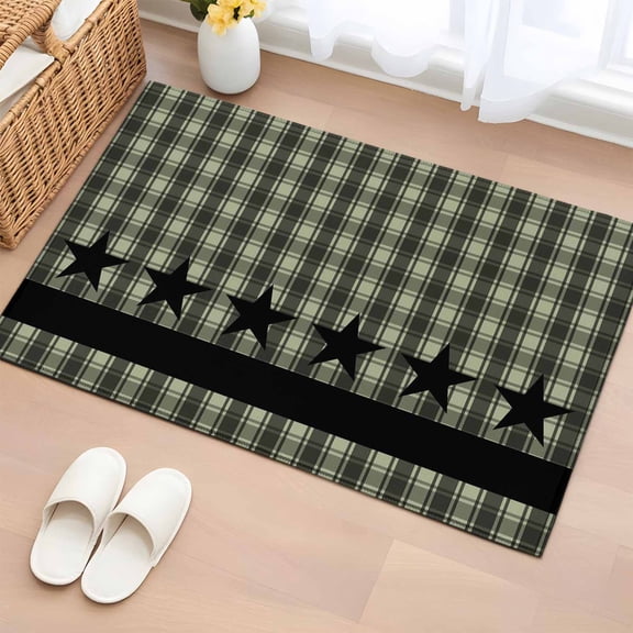 Sage Green Black Plaid Bathroom Rug Washable 2x3 Entryway Rug Non Slip Vintage Star Buffalo Check Rustic Front Door Mat Low Pile Indoor Doormat Throw Floor Carpet for Kitchen Bedroom Entrance