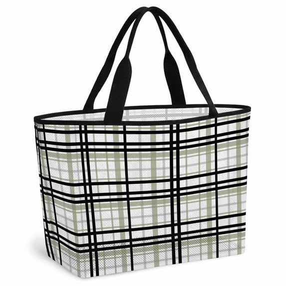 Sage Green Black Plaid Beach Bag for Women, Large Breathable Mesh Beach Tote Bag, Farmhouse Green Black Checkered Sandproof Lightweight Travel Bags for Vacation Picnic Swimming Pool 15.7"x15.7"x9.1"