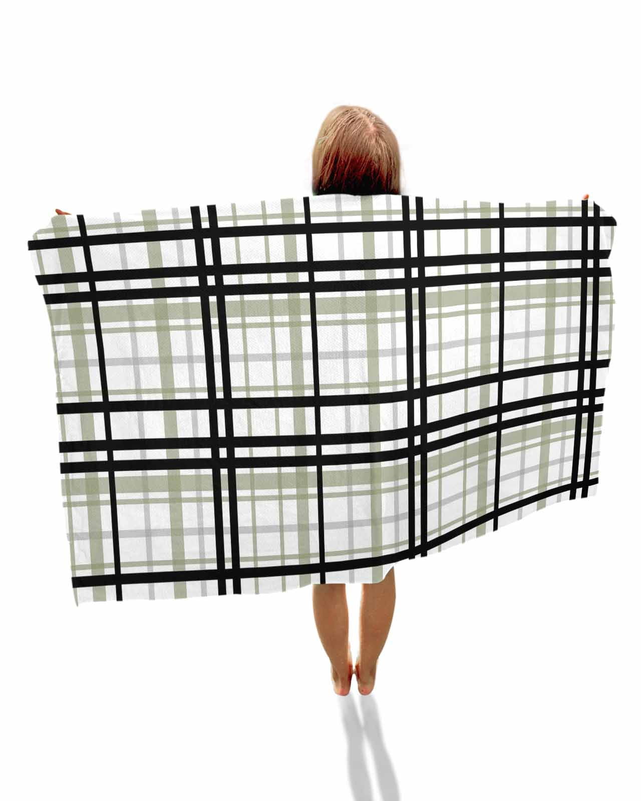Sage Green Black Plaid Beach Towels Oversized Super Absorbent, Farmhouse Green Black Checkered Lightweight Bath Towel Quick Dry Sets For Bathroom/Pool/Rv Camping/Beach Play/Gym Room/Picnic 23"x47"
