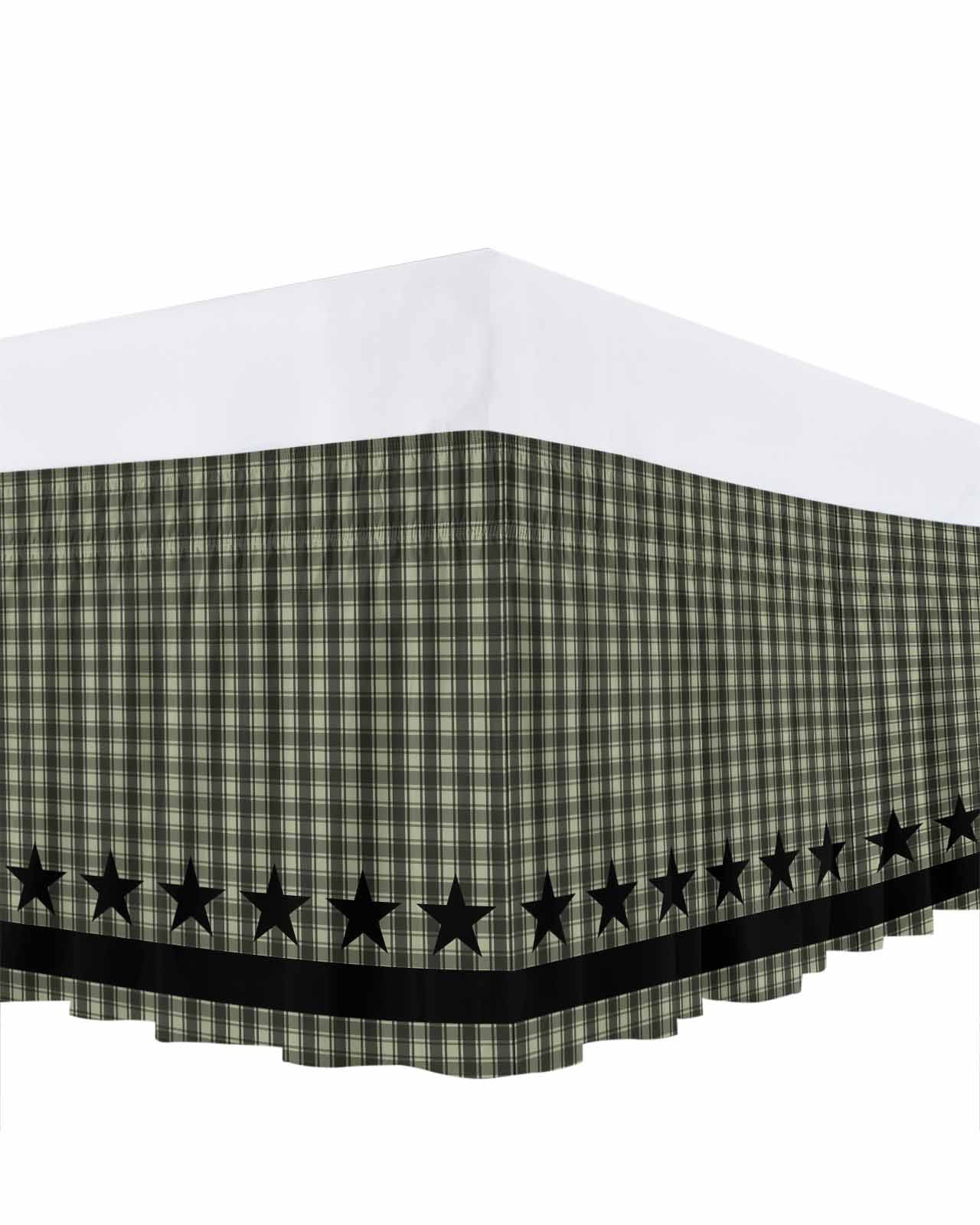 Sage Green Black Plaid Bed Skirt King Size, Vintage Star Buffalo Check Rustic Wrap Around Bed Skirting with Adjustable Elastic Strap, Dust Ruffled Pleated Bedskirts 18 Inch Drop for Bedroom King Beds
