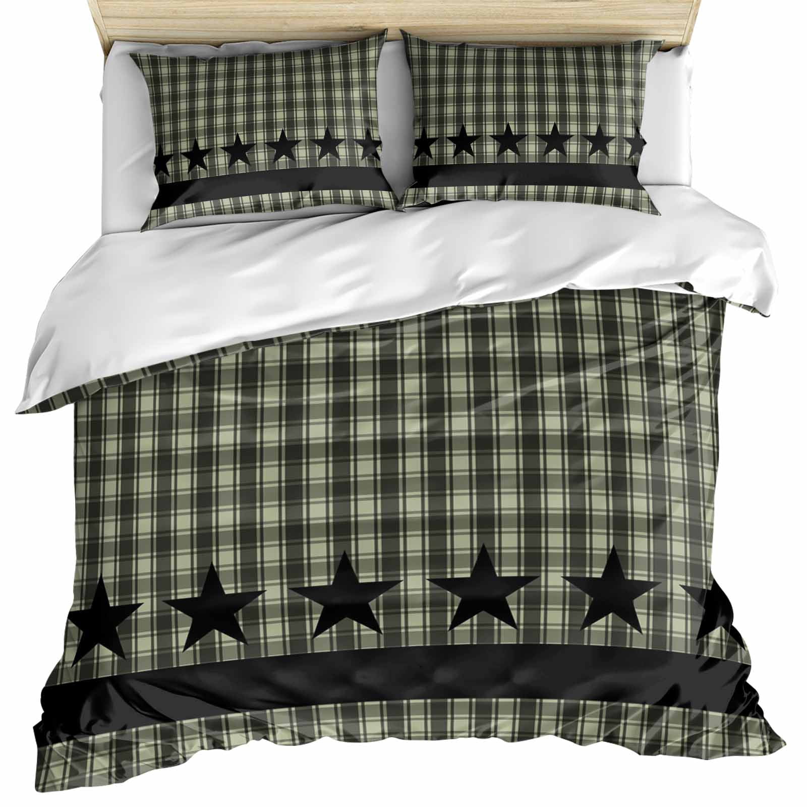Sage Green Black Plaid Bedding 3 Piece Duvet Cover Set Twin Size, Vintage Star Buffalo Check Rustic Soft Microfiber Comforter Cover with Zipper Closure & Pillowcases, FadeResistant Quilt Cover