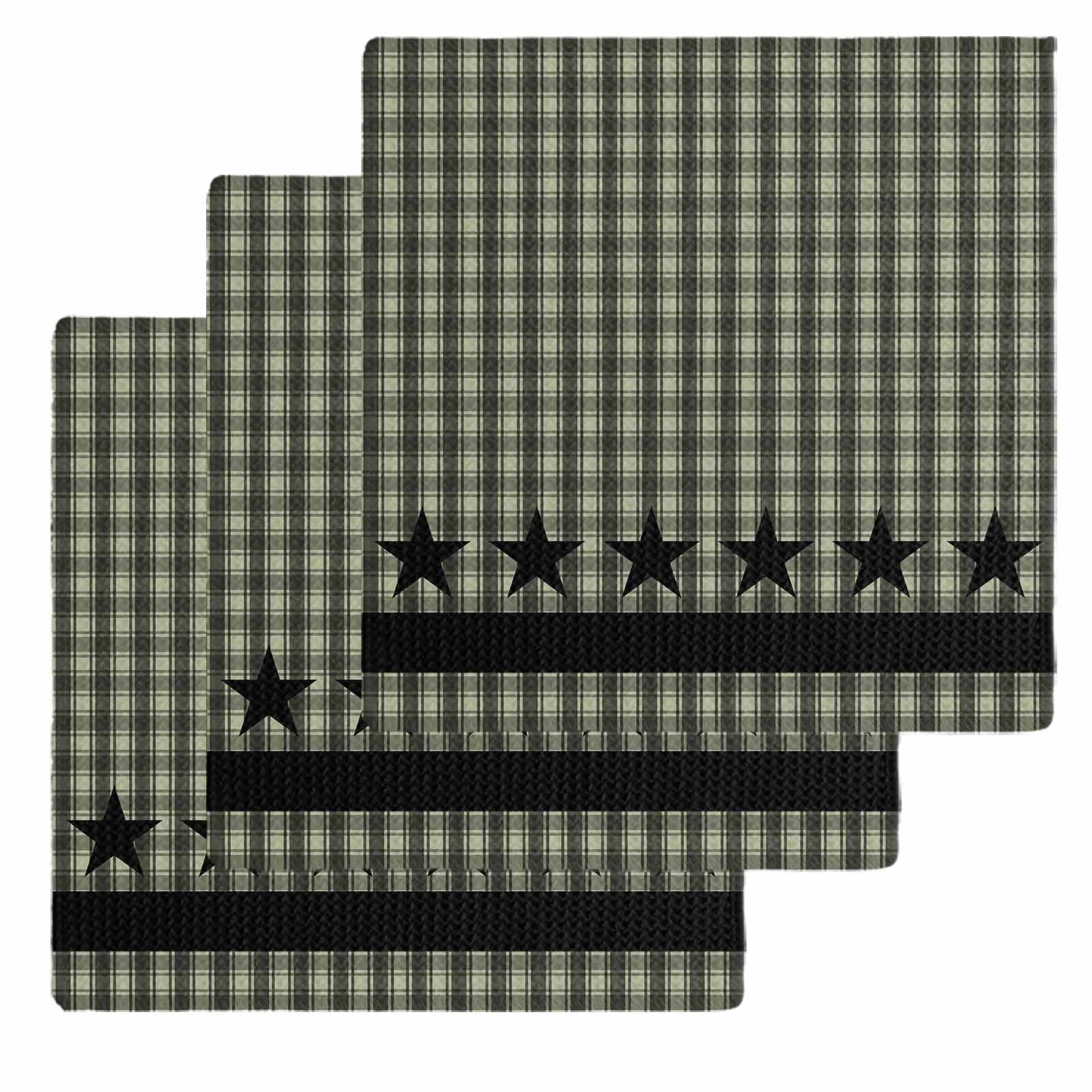 Sage Green Black Plaid Dish Towels Set,Waffle Weave Kitchen Towels 3 Pieces,Microfiber Hair Face Bath Tea Towel Absorbent Quick Drying Cleaning Dish Cloths,Vintage Star Buffalo Check Rustic 12"x12"