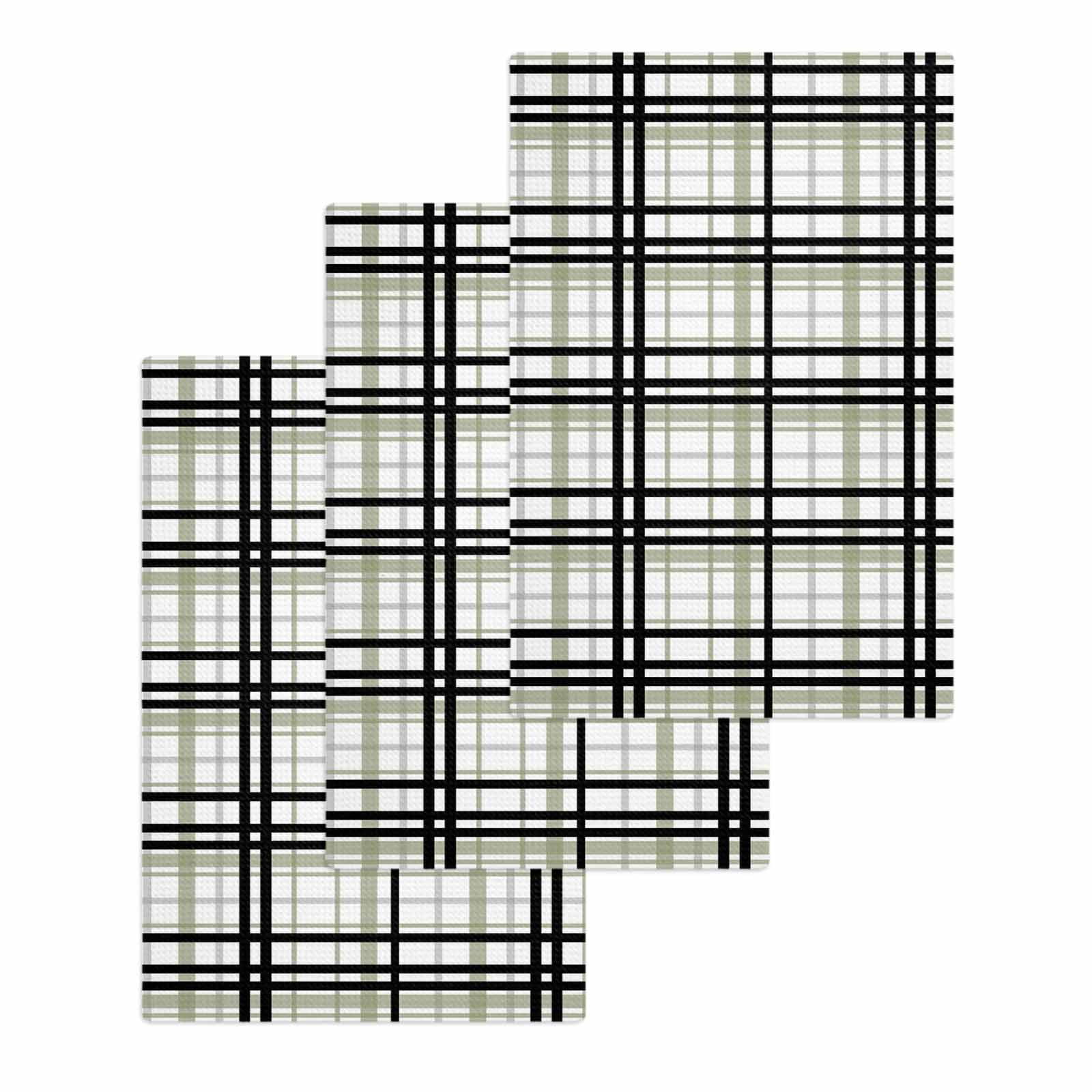 Sage Green Black Plaid Hand Towels Set,Waffle Weave Kitchen Towels 3 Pieces,Microfiber Hair Face Bath Tea Towel Absorbent Quick Drying Cleaning Dish Cloths,Farmhouse Green Black Checkered 15.7"x23.6"