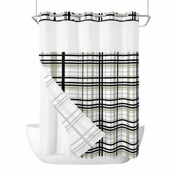 Sage Green Black Plaid No Hook Shower Curtain with Snap in Liner, Farmhouse Green Black Checkered Double-Layer Waterproof Fabric Shower Curtains for Bathroom Hotel Bathtub, Mesh Top 60"x72"