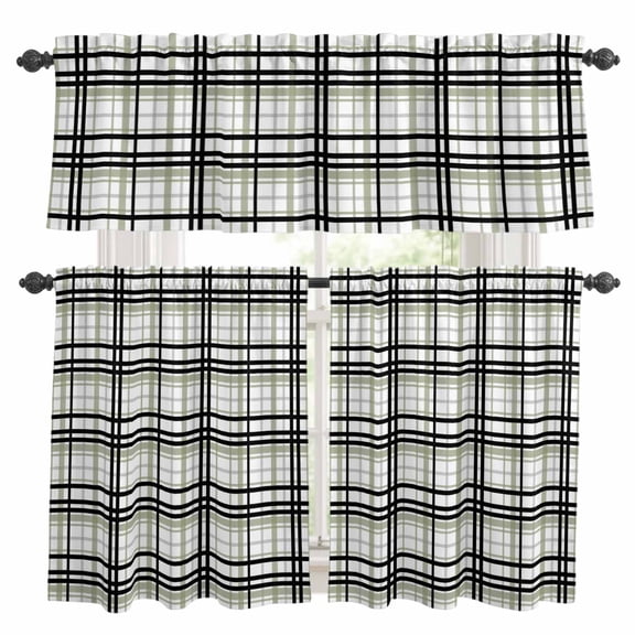 Sage Green Black Plaid Kitchen Curtains,Farmhouse Green Black Checkered Kitchen Curtains and Valances Set of 3,Light Filtering Tailored Tier Curtain 36 Inch Length Drapes for RV Cafe Bathroom Bedroom