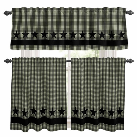 Sage Green Black Plaid Kitchen Curtains, Kitchen Curtains and Valances Set of 3, Vintage Star Buffalo Check Rustic Light Filtering Tailored Tier Curtain 24 Inch Length Drapes for Cafe Sink Bedroom