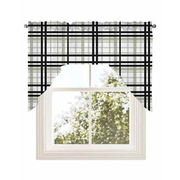 Sage Green Black Plaid Kitchen Curtains Swag Valance for Windows/Bathroom/Cafe, Farmhouse Green Black Checkered Rod Pocket Drape Panel Swag Curtains Valance for Bedroom/Living Room 56"x36"