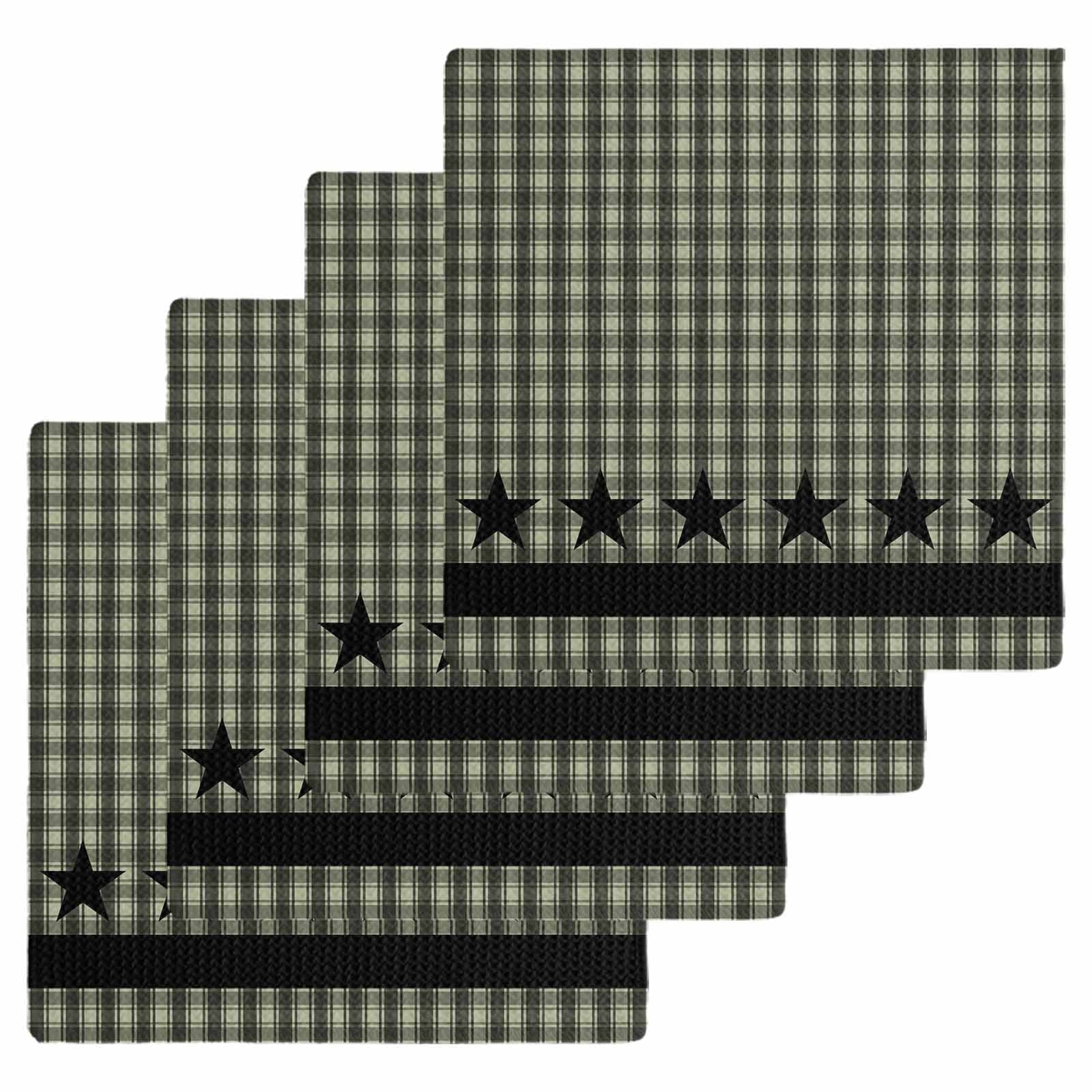 Sage Green Black Plaid Kitchen Dish Towels for Drying Dishes Set of 4, Vintage Star Buffalo Check Rustic Waffle Weave Microfiber Hand Tea Bathroom Towels Quick Dry & Absorbent Towel 12x12