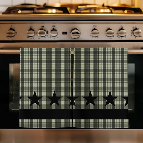 Sage Green Black Plaid Kitchen Towels Set of 4, Vintage Star Buffalo Check Rustic Absorbent Dish Towels for Kitchen, Microfiber Hand Towel, Quick Drying Tea Towel for Cleaning Decorative Dishcloths