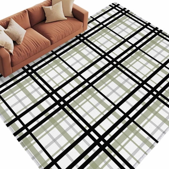 Sage Green Black Plaid Large Area Rugs for Bedroom Living Room, Soft Non Slip Carpet Bedside Rug, Farmhouse Green Black Checkered Rectangular Floor Cover Kitchen Accent Rug 5'x7' for Office