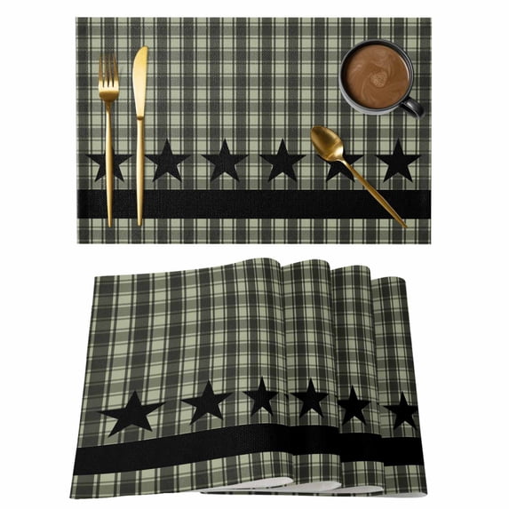 Sage Green Black Plaid Placemats Set of 4, Vintage Star Buffalo Check Rustic Placemats for Dining Table, Place Mats for Kitchen Tabletop, Waterproof Wipeable Dining Table Mats Set