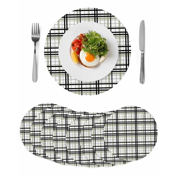 Sage Green Black Plaid Round 13 Inch Placemats Set of 8, Farmhouse Green Black Checkered HeatResistant Non Slip Place Mats for Dining Table, Wipeable Braided Kitchen Table Mats for Housewarming