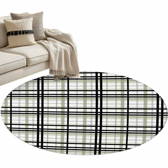 Sage Green Black Plaid Round Area Rug 4 FT, Non Slip Indoor Outdoor Rug, Farmhouse Green Black Checkered Washable Soft Circular Carpet Non-Shedding Floor Mat for Coffee Table Nursery Foyer Balcony
