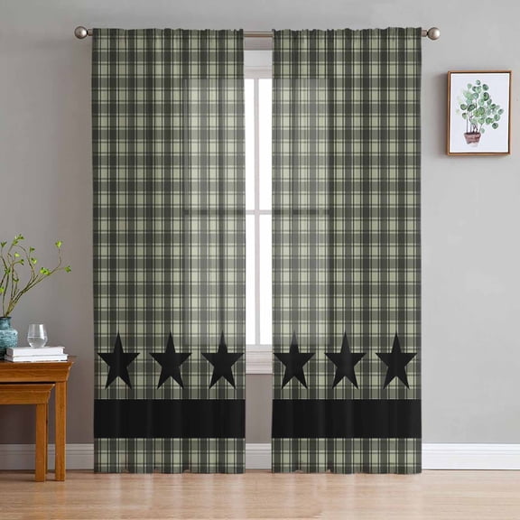 Sage Green Black Plaid Semi Sheer Curtains 72 Inch Length 2 Panels Set, Vintage Star Buffalo Check Rustic Sheer Kitchen Curtain Privacy Voile Window Curtain for Living Room Bedroom Rod Pocket Drapes