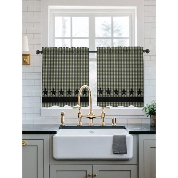 Sage Green Black Plaid Sheer Kitchen Tier Curtains 36 Inch length,Rod Pocket Half Curtains Short Drapes,Vintage Star Buffalo Check Rustic Light Filtering Small Window Treatments 2 Pcs 27.5"W x 36"L