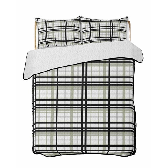 Sage Green Black Plaid Summer Quilt Set King Size,Soft Quilted Bedding Set with 2 Pillow Shams,Farmhouse Green Black Checkered Lightweight All Season Bedspread Coverlet for Bedroom 96"x106"