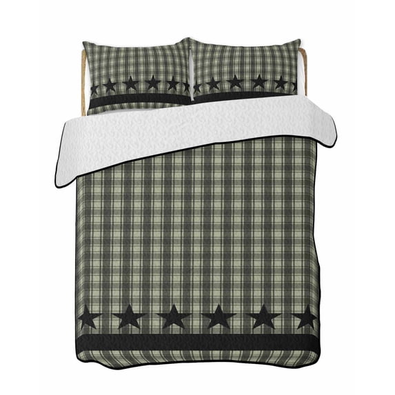 Sage Green Black Plaid Summer Quilt Set Queen Size,Soft Quilted Bedding Set with 2 Pillow Shams,Vintage Star Buffalo Check Rustic Lightweight All Season Bedspread Coverlet for Bedroom 90"x96"