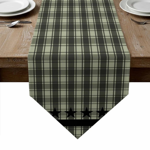 Sage Green Black Plaid Table Runner Linen Burlap Table Runner 72 Inches Long Vintage Star Buffalo Check Rustic Dresser Scarves for Kitchen Island Coffee Dining Room Party Holiday Decoration 14"x72"
