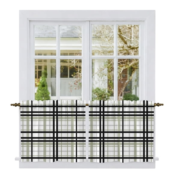 Sage Green Black Plaid Tier Curtains, Farmhouse Green Black Checkered Light Filtering Kitchen Curtains, 2Pcs Rod Pocket Half Window Treatments Panels for Sink Cafe Cabinet Camper 27.5x24 Inches