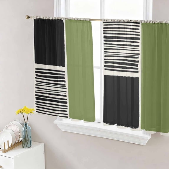 Sage Green Black Sheer Curtains 54 Inch Length 2 Panels Set Window Treatments, Farmhouse Striped Modern Abstract Art Rod Pocket Semi Curtains for Living Room/Bedroom/Kitchen Décor, 104"W x 54"L