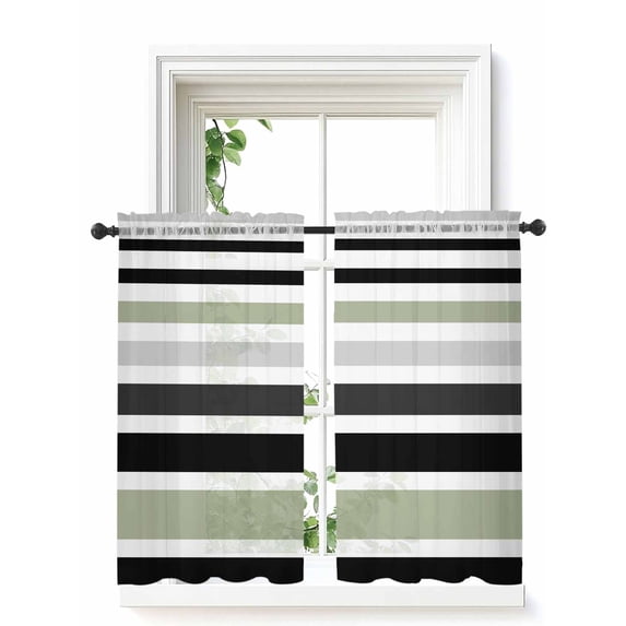 Sage Green Black Stripe Curtains 45 Inch Length,Sheer Curtains for Bedroom Living Room Window Modern Abstract Coarse Striped Rod Pocket Drapes Kitchen Curtains Small Half Window 42"x45" 2 Panels