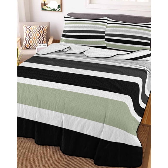 Sage Green Black Stripe King Size Down Alternative Comforter, Lightweight Comforter Quilt Bedding Set with Pillow Shams Modern Abstract Coarse Striped All Seasons Bed Comforter Duvet Insert 96"x106"