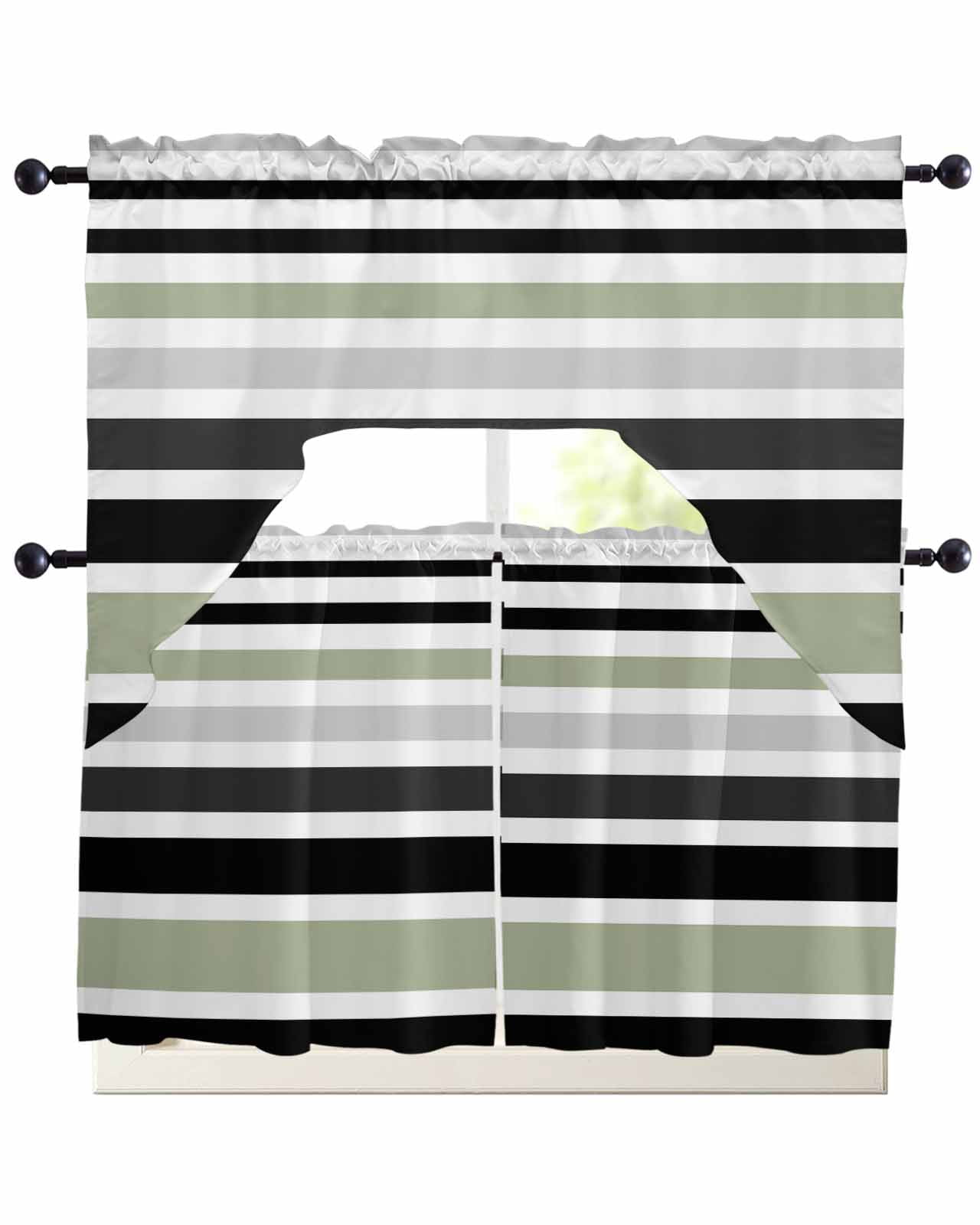 Sage Green Black Stripe Kitchen Curtains Sets 24 Inch Length with ...