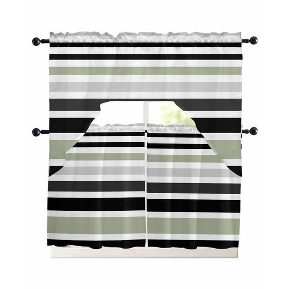 Sage Green Black Stripe Kitchen Curtains Sets 24 Inch Length with Valance, Modern Abstract Coarse Striped Swag Valances and Tiers Curtain Set Drapes Swag Curtains for Living Room, Bathroom, Bedroom