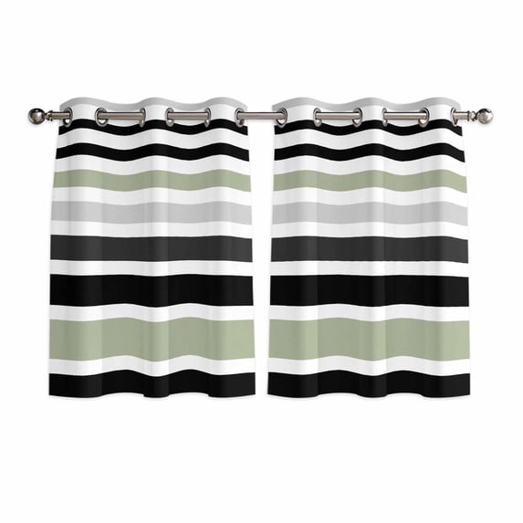Sage Green Black Stripe Kitchen Curtains Short 45 Inch Length, Modern Abstract Coarse Striped Grommet Top Bedroom Living Room Curtains, Light Filtering Cafe Curtain Drapes 2 Panels Set 84''x45''