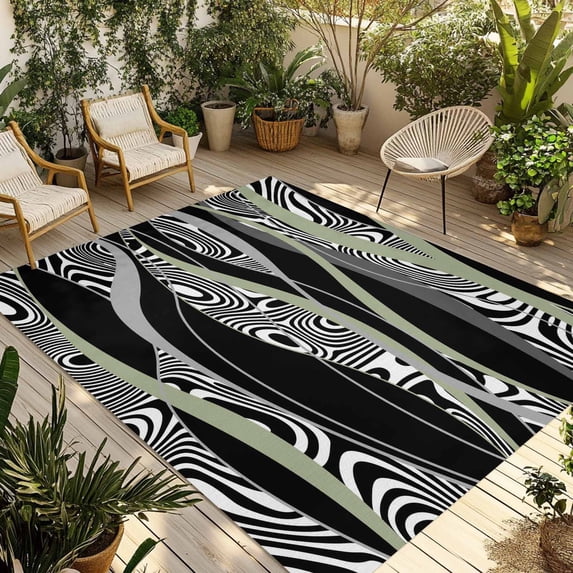 Sage Green Black Stripes Outdoor Rug for Patio/Deck/Porch, Non-Slip Large Area Rug 5 x 8 Ft, Grey Abstract Gradient Striped Indoor Outdoor Rugs Washable Area Rugs, Camping Rug Carpet Runner