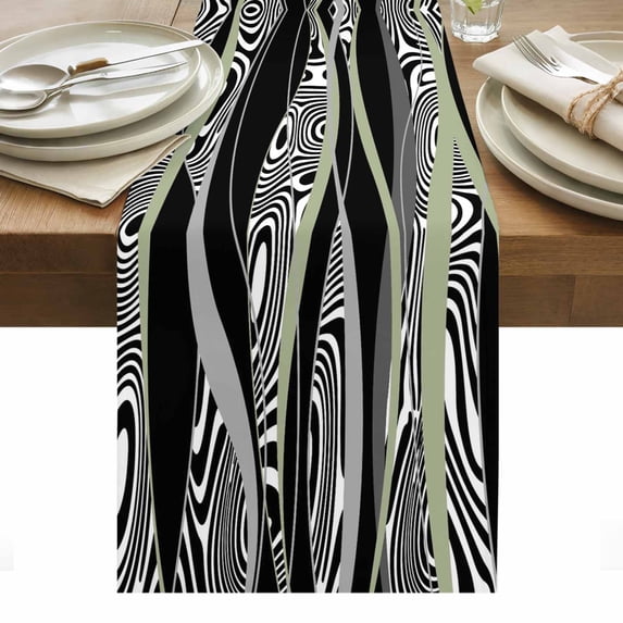Sage Green Black Stripes Table Runner - 48 Inch Long, Kitchen Dining Table Runner Dresser Scarves, Grey Abstract Gradient Striped Farmhouse Decor for Coffee Tables Wedding Party Banquet