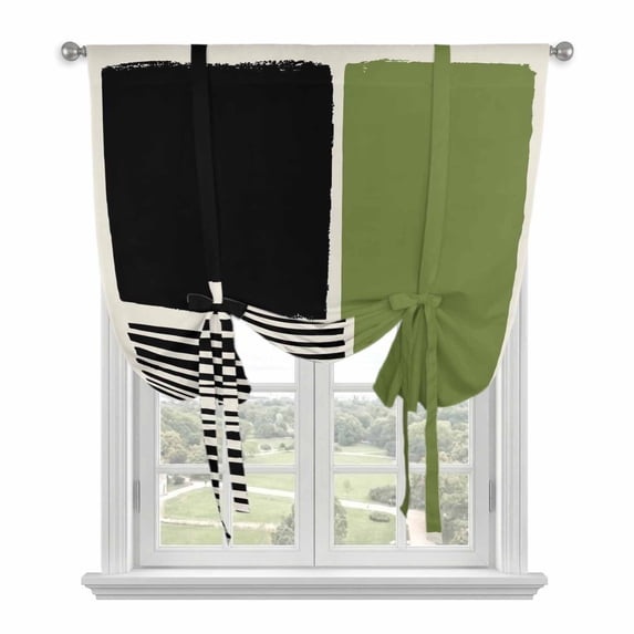 Sage Green Black Tie Up Curtains for Windows, Adjustable Balloon Window Shades, Farmhouse Striped Modern Abstract Art Kitchen Window Treatments Adjustable Roll Up Curtain for Basement/Nursery 52"x45"