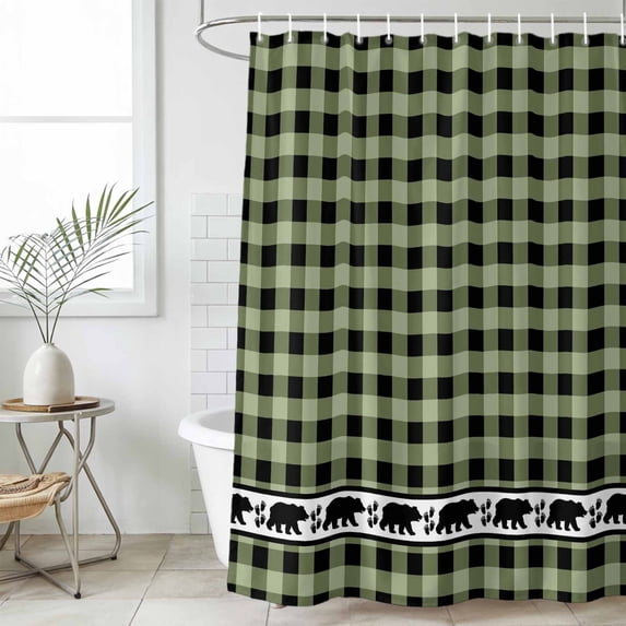 Sage Green Black Waterproof Fabric Shower Curtain,Farmhouse Vintage Bear Buffalo Plaid Waterproof Fabric Shower Curtain for Bathroom Curtains Bathtubs Shower Curtains with 12 Hooks Extra Long 72x96