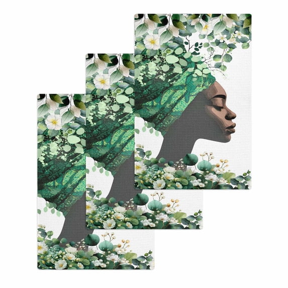 Sage Green Black Women Kitchen Dish Towels for Drying Dishes Set of 3, Spring Eucalyptus Leaves Waffle Weave Microfiber Hand Tea Bathroom Towels Quick Dry & Absorbent Towel 15.7x23.6